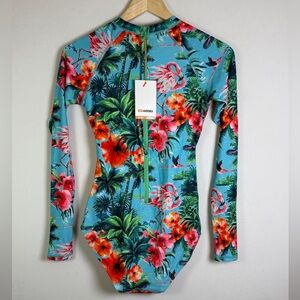 Axesea Women’s Tropical Zip-Front Long Sleeve One-Piece Swimsuit UPF 50+ Sz 6